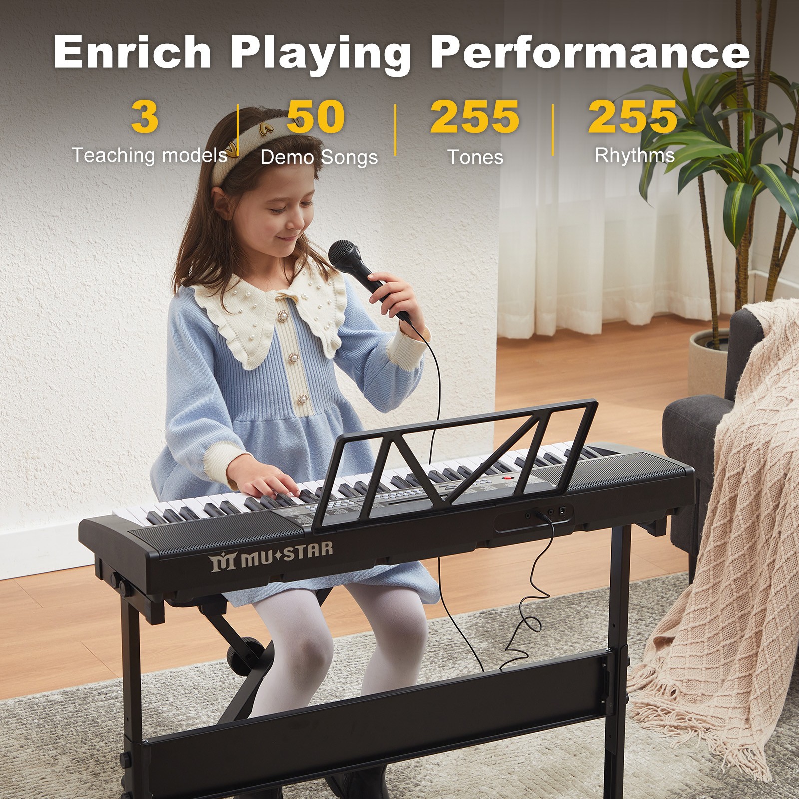 61 Keys Electric Piano Keyboards with Lighted Up Keys,255 rhythms,Bench,Stand,Headphone,Microphone(Black)
