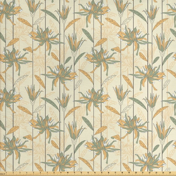 Floral Fabric by the Yard, Pastel Pattern Blooming Flowers on Stripes, Decorative Upholstery Fabric for Chairs & Home Accents, Champagne Sage Green by Ambesonne