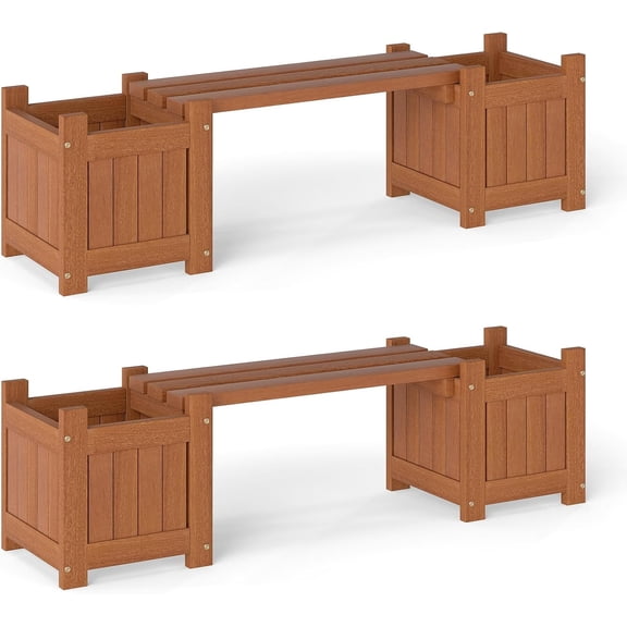 QISHENSHUI Outdoor Bench with 2 Raised Garden Beds, 2-in-1 Outdoor Planter Box with Teak Oil Finish, Open-Ended Base, Wooden Garden Bench for Flowerpots, Indoor Patio Yard Porch Decoration (2)