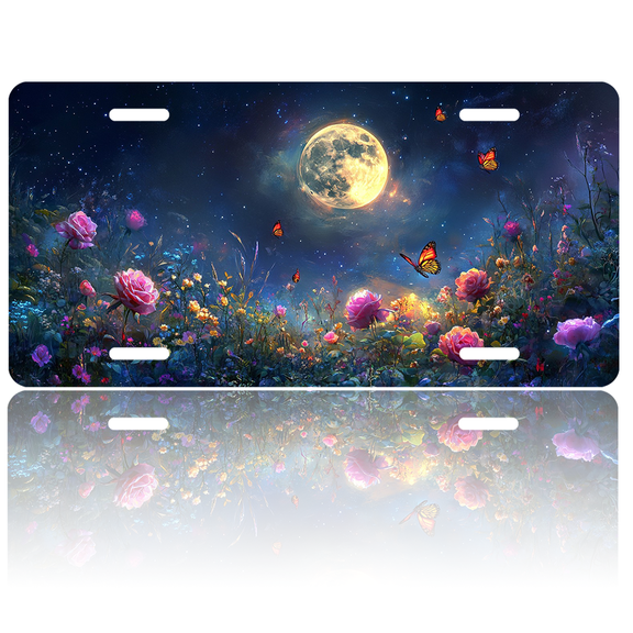 1 Pcs 2D Flat License Plate Covers & Frames, Moonlit Flower Field For Decorative Front, Waterproof For Decoration Aluminum License Plate Covers & Frames Cover For Men Women, 12" X 6"