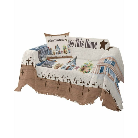 Brown Sofa Couch Covers for Dog,Washable Sectional Couch Slipcovers for Loveseat with Tassels,Country Barn Star Vintage Floral Watercolor House Non Slip Sofa Throw Cover Blanket Large 71''x102''