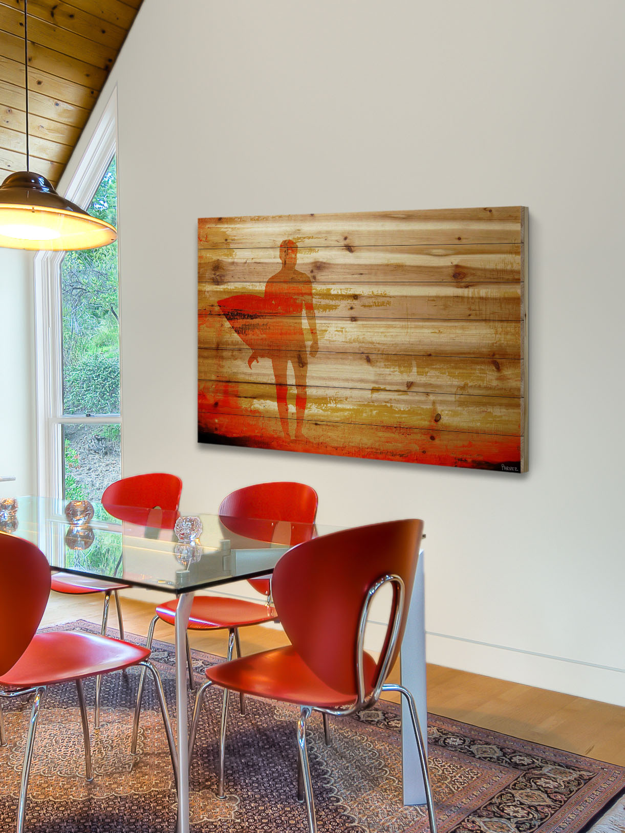 "Dusk Red Surf" Painting Print on Natural Pine Wood