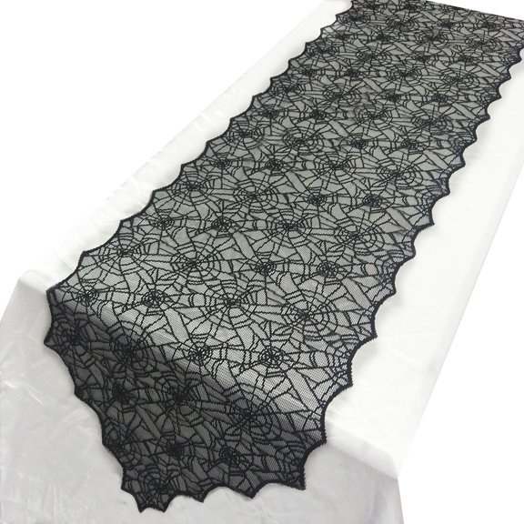 Fridja Black Lace Overlay Tabletop Collection Gothic Halloween Decor Tablecloth 18x72 inch Spider Web Halloween Decorations