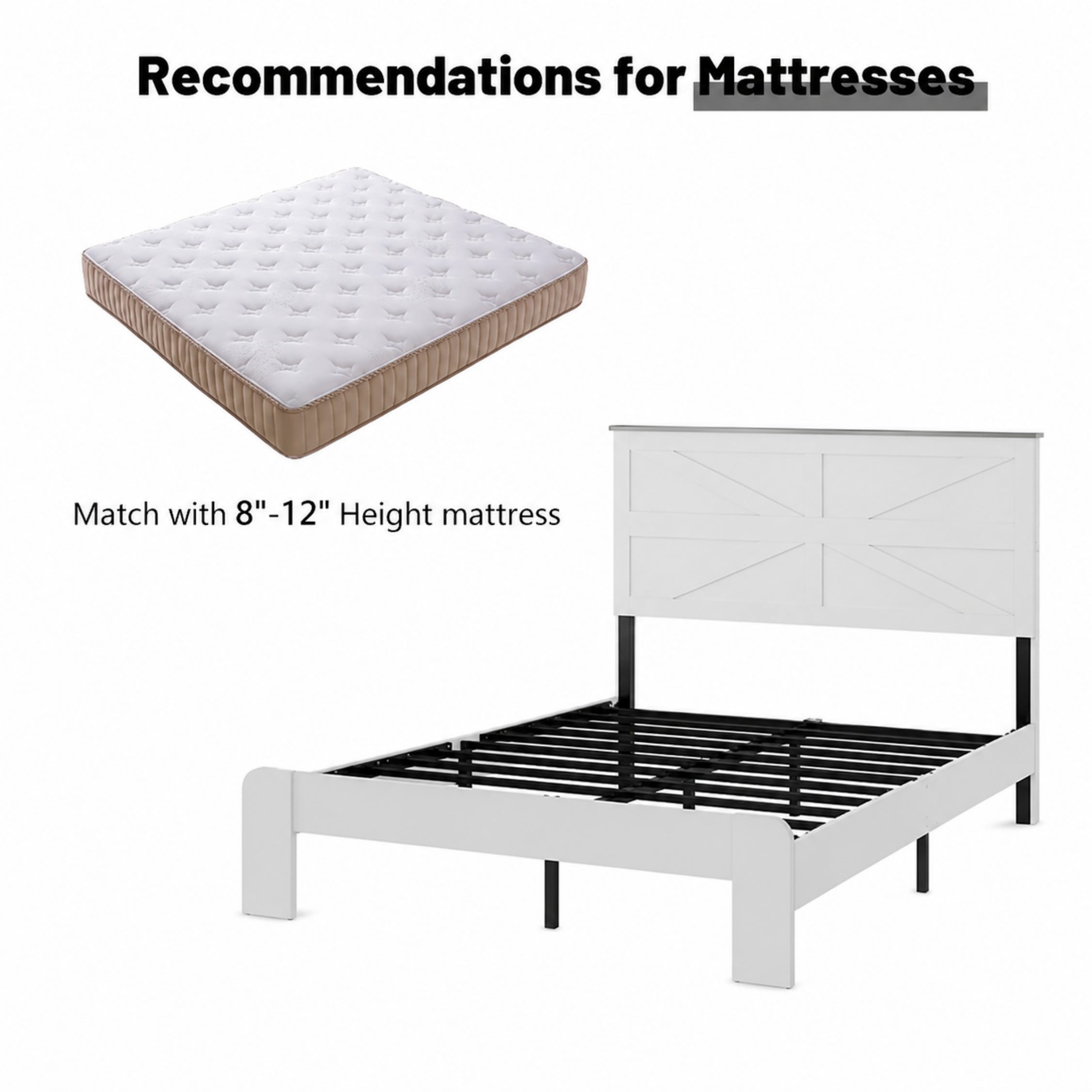 BSHTI Queen Metal Wood Platform Bed Frame with Headboard, No Box Spring Needed, Under-Bed Storage for Bedroom（White）