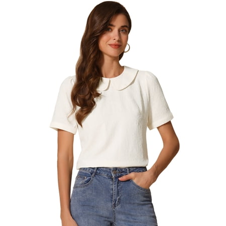 DARING DIVA Women's Floral Puff Short Sleeve Peter Pan Collar Blouses XS Apricot