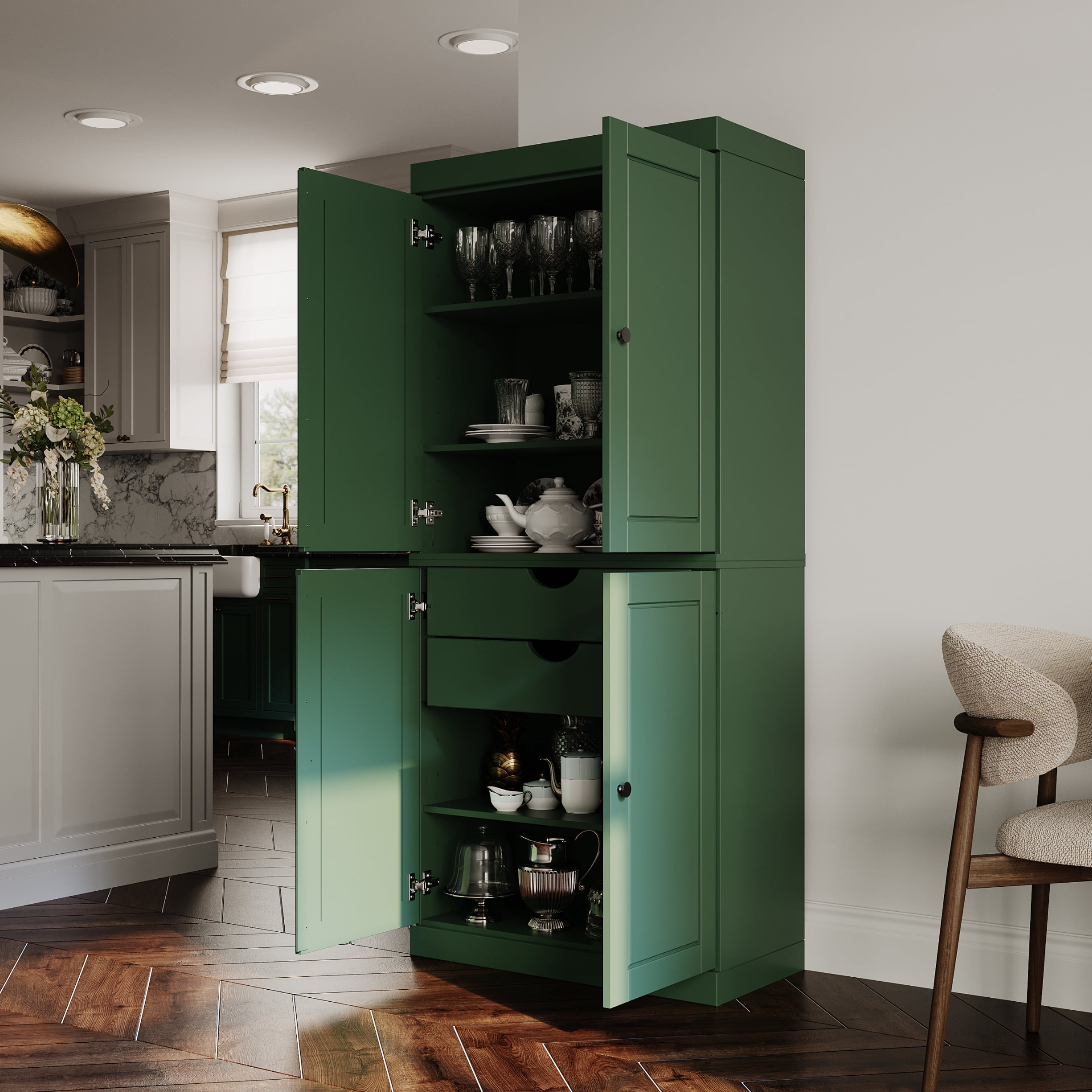 Palace Imports 100% Solid Wood Kitchen Pantry Storage Cabinet with Doors, Adjustable Shelves and 2-Drawers, Green