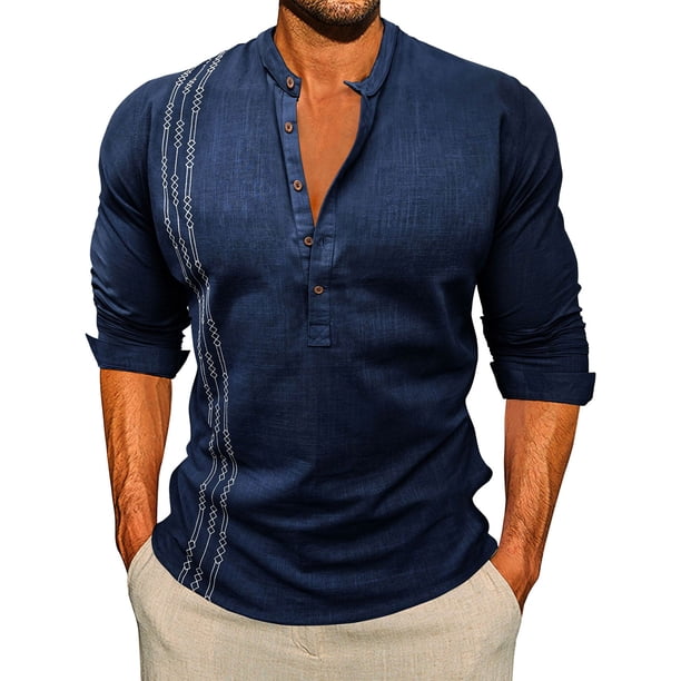 Ceisia Men's Slim Fit Long Sleeve Stand-Up Collar Slub Linen Shirt with Geometric Embroidery Navy L Gifts