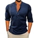 thumbnail image 1 of Ceisia Men's Slim Fit Long Sleeve Stand-Up Collar Slub Linen Shirt with Geometric Embroidery Navy L Gifts, 1 of 7