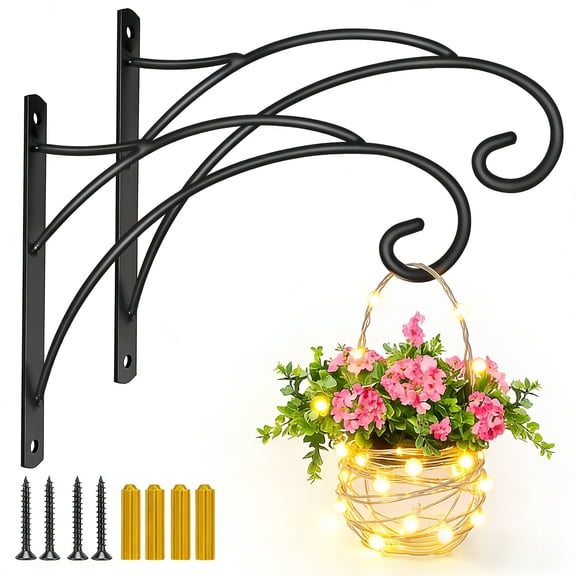 Hanging Plant Brackets, Pack of 2 Iron Hanging Basket Bracket Durable Weather-Resistant Outdoor Plant Hooks for Hanging Plant Lantern Windchime Birdhouse Metal Sign Fruit Bracket, Screw Included