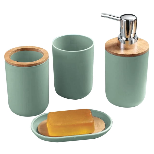 Accesorios de Baño 4 Piezas | Juego para Baño Moderno de Bambu | Juego de Accesorios de Plastico | Conjunto de 4 piezas para Baño