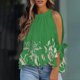 thumbnail image 2 of Blusa corta con volantes y cuello redondo con mangas divididas y estampado de plantas para mujer a la moda Pompotops  FGAJ2947, 2 of 5