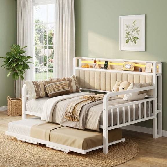 Vipuse Daybed LED Light, Heavy Duty Metal Full Bed Frame with Upholstered Storage Headboard & Charging Station, Day Bed Pop Up Trundle Bed for Living Room,Bedroom and Guest Room, White