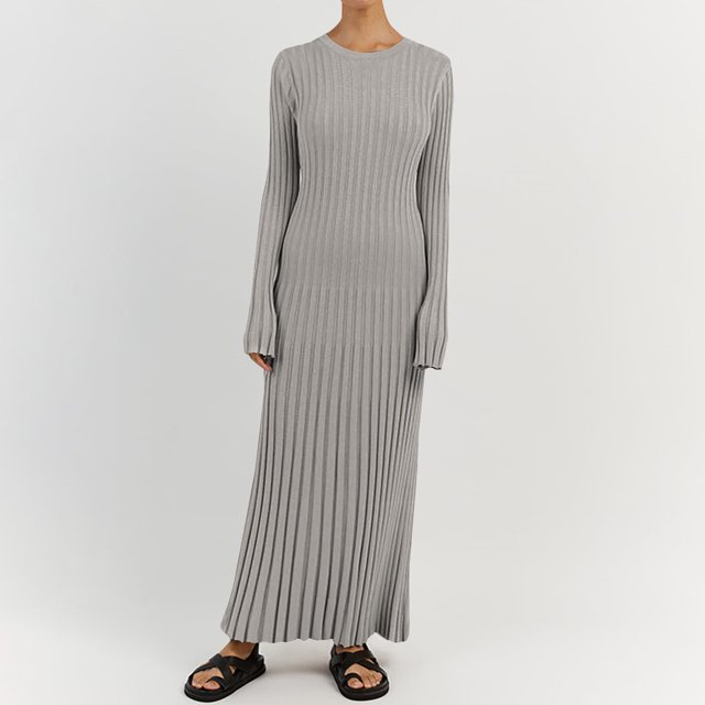 Robes pour Femmes Décontractées Col Rond Manches Longues Robes Couleur Unie Taille Enveloppée Fesses Nouées Robe Longue