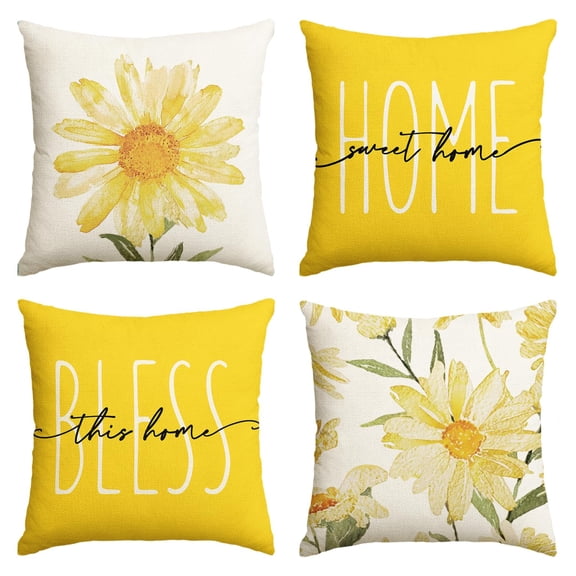 Sweet Home Spring Summer Flowers Yellow Throw Pillow Covers for Sofa Couch Set of 4