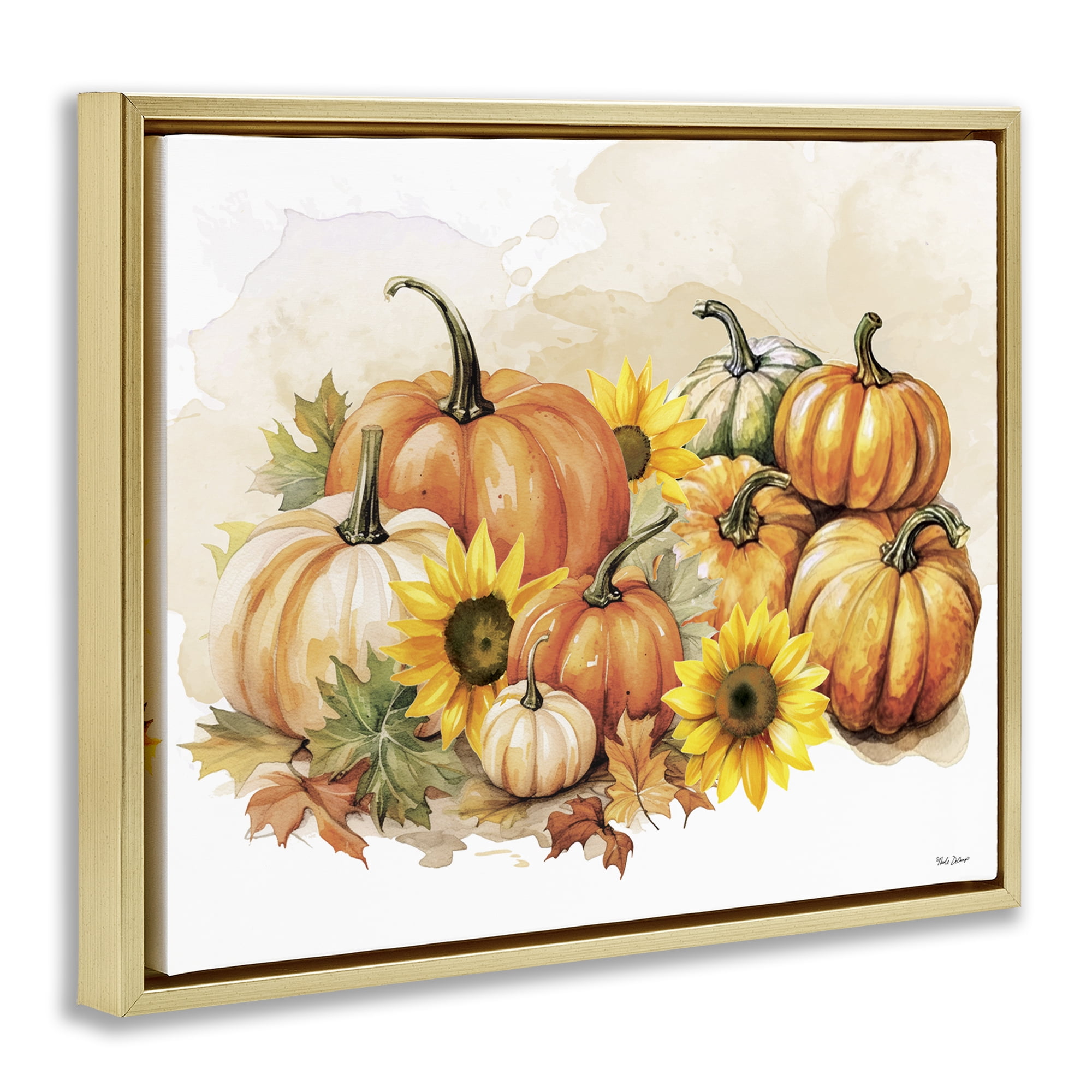 Stupell Industries Pumpkin & Sunflower Bundle Botanical & Floral Painting Gold Floater Framed Canvas Art Prints Wall Art, 31 x 25