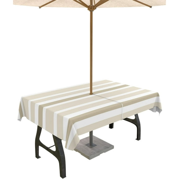 Outdoor Tablecloth with Umbrella Hole and Zipper Beige White Stripes Rectangle Outdoor Tablecloths 60x120 Waterproof Outside Table Cloths Patio Table Cloth Cover for Outdoor Tables Picnic Garden