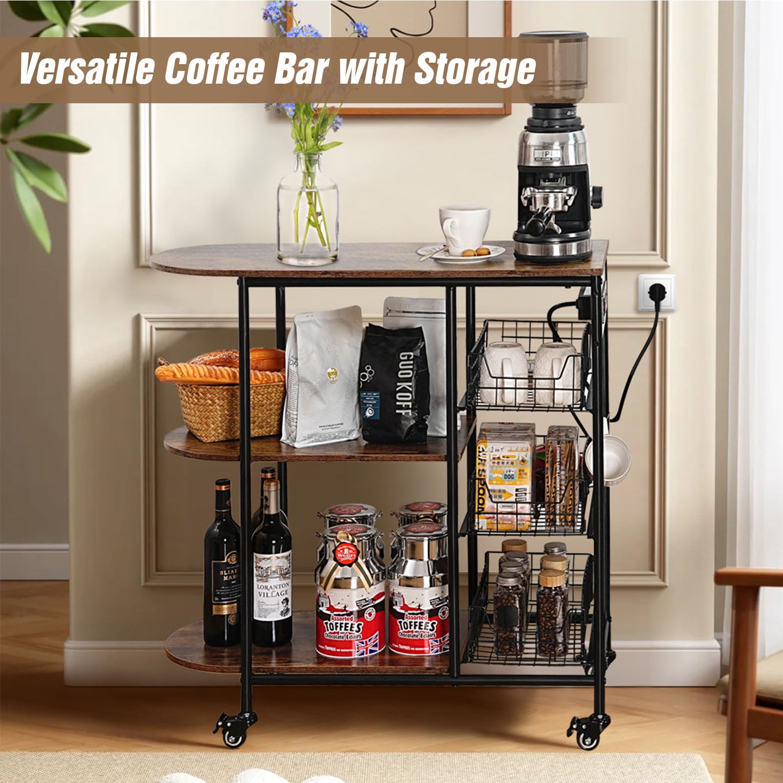 ZZBIQS Bakers Rack with Power Outlet,Rolling Kitchen Island on Wheels for Oven Microwaves,Coffee Bar Table Storage Shelves, 32.7*14.2*33.9 inches,Brown