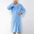thumbnail image 5 of Htigea Mens Womens Fleece Plush Robe Soft Shawl Collar Bathrobe Warm Winter House Coat with Pocket and Belt Blue,Free Size, 5 of 7