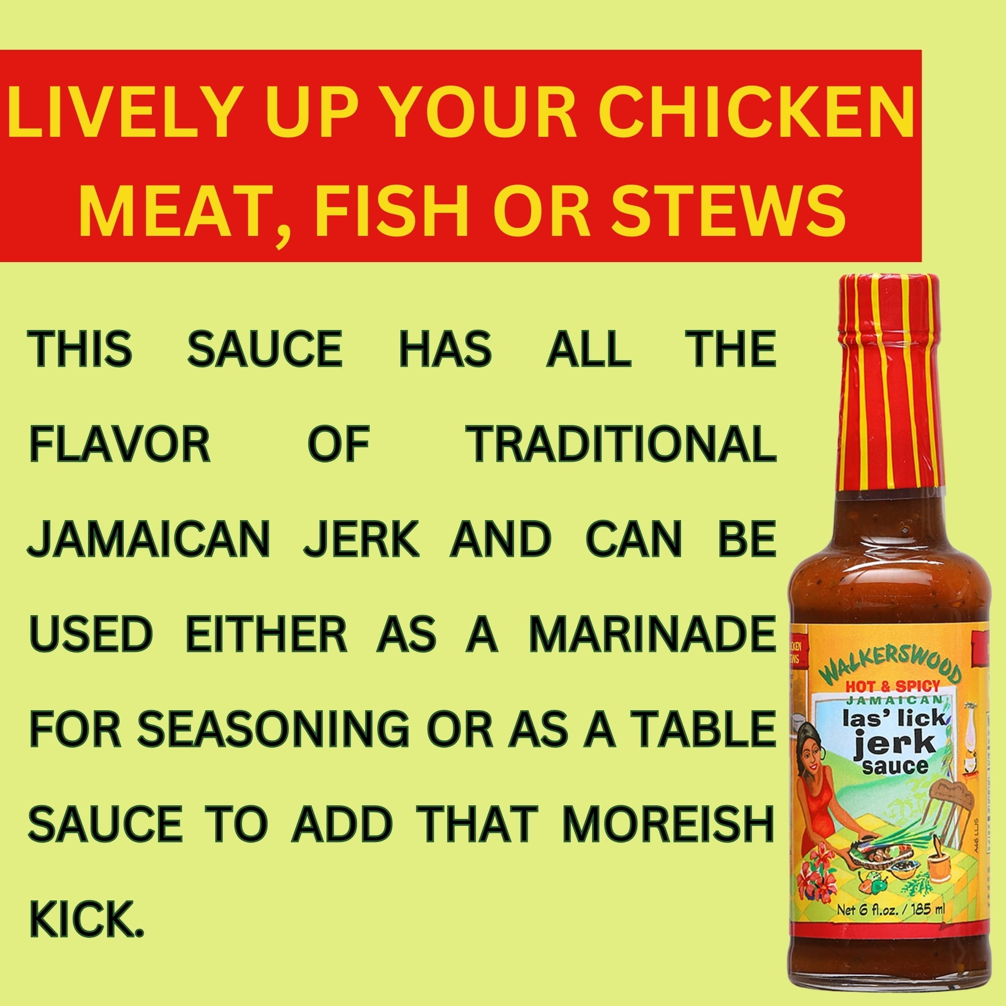 Walkerswood Las' Lick Jerk Sauce 6 Fl Oz Pack of 3, Hot & Spicy Jamaican Seasoning, Authentic Caribbean Marinade Table Sauce for Chicken Meat Seafood BBQ Grilling w/ Snoep in Beperkte Oplage