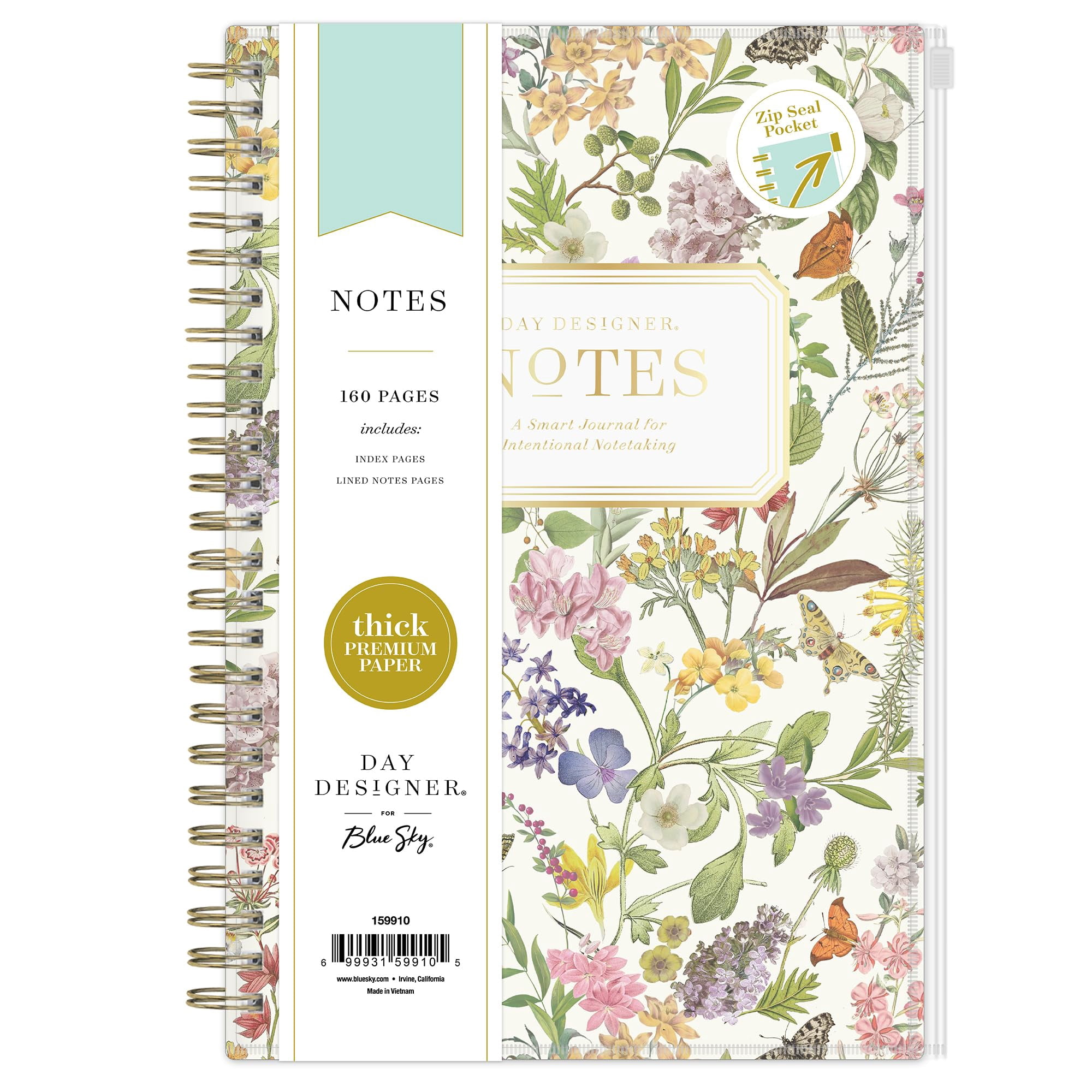 Blue Sky Day Designer Zip Pocket Cover Notebook, 5.75" x 8.5" Undated Journal, 160 Lined & Perforated Pages, Index Pages, Gold Durable Twin Wire Binding, For Office & School, Butterfly Garden Cream
