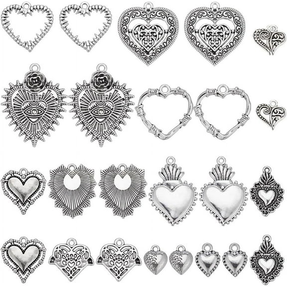 48Pcs 12 Style Tibetan Style Alloy Pendants Sets Heart Antique Silver 21~29.5x11~22x2~3mm Hole: 1.2~2mm 4pcs/style