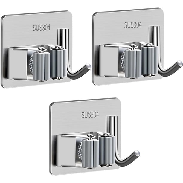 Broom Holder Wall Mounted, 3 Pack Adjustable Stainless Steel Broom Gripper, Heavy Duty No Drill Broom Organizer for Garage, SU304 Rustproof Broom Clamp with Hooks for Mop, Rake, Shovel