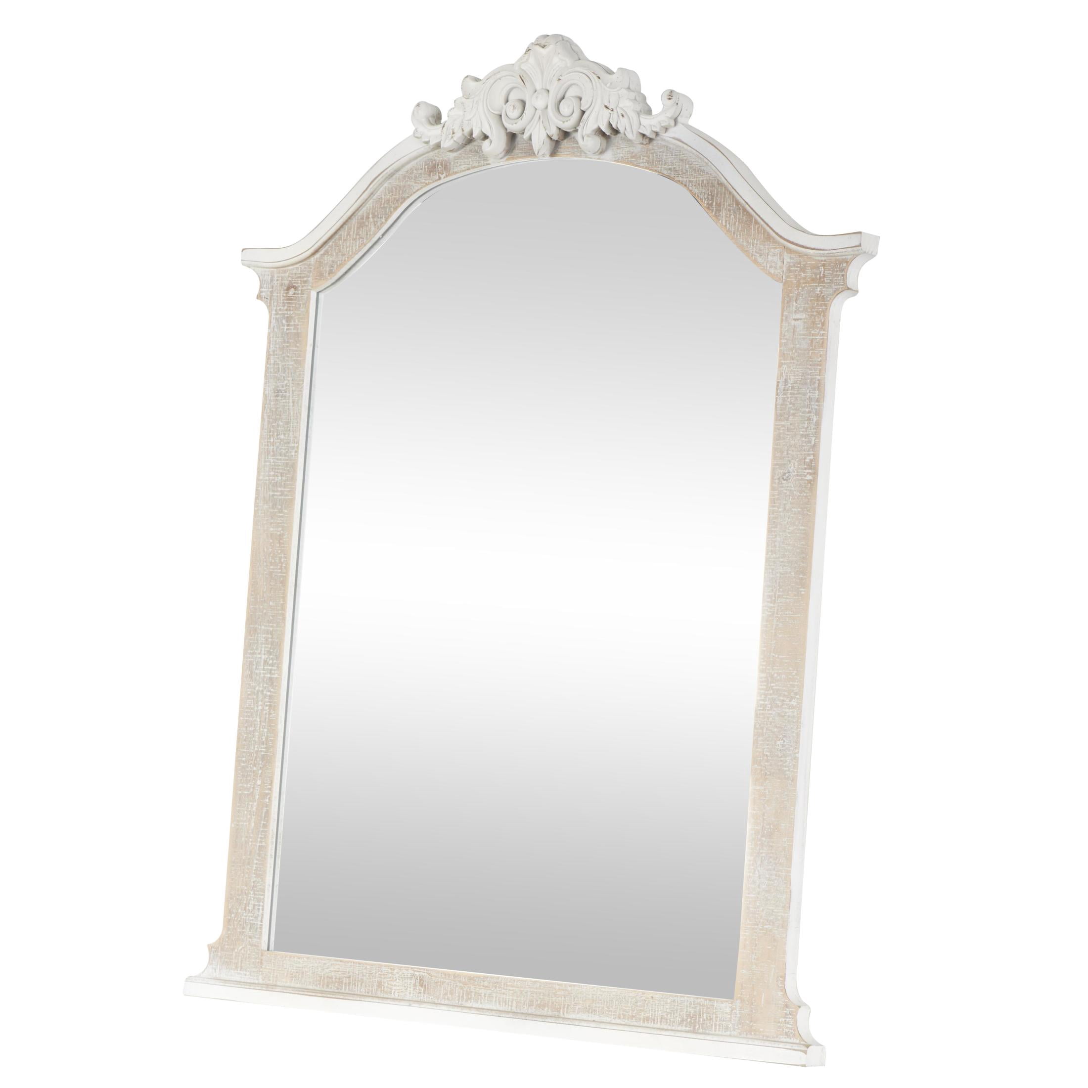 DecMode 28" x 37" Cream Arched Scroll Fleur De Lis Wall Mirror with Brown Distressing
