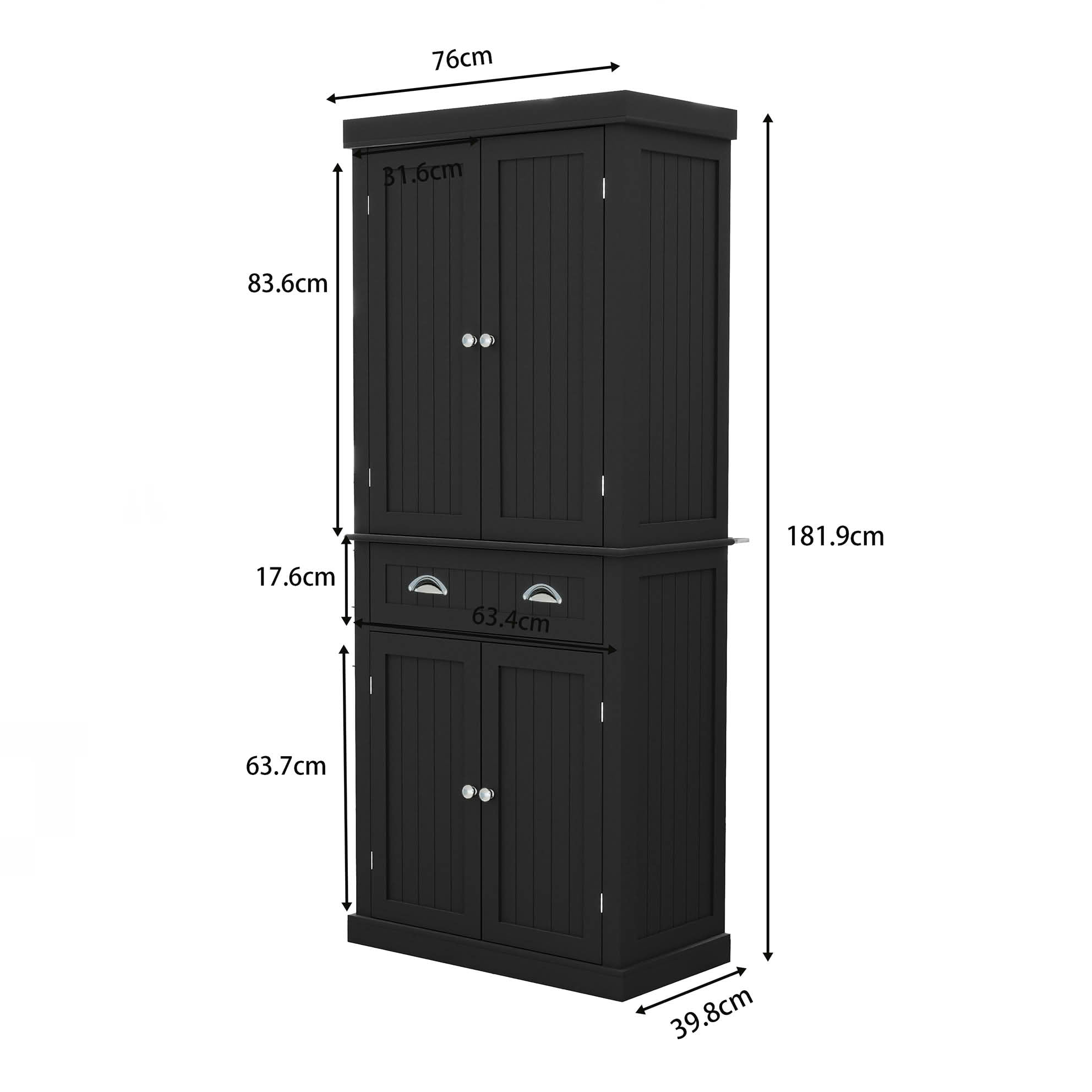 MAYEERTY 71-Inch Kitchen Pantry Storage Cabinet, Freestanding Cupboard with 4 Doors 1 Drawer 2 Adjustable Shelves Black