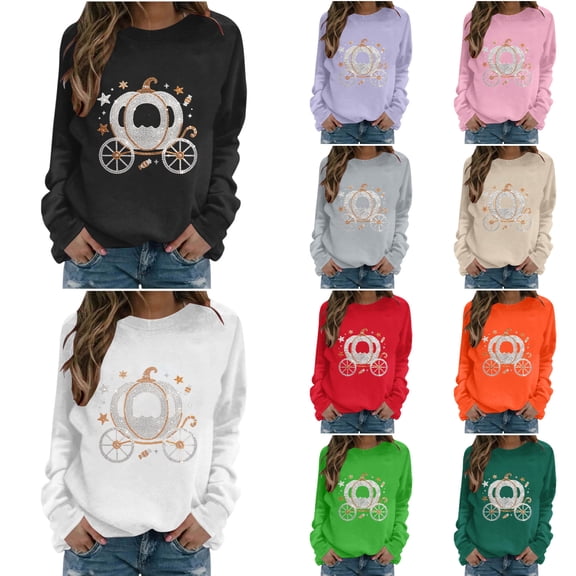 Arlun Halloween Funny Sweatshirt for Women Sequin Pumpkin Cart Graphic Printed Pullover Tops Long Sleeve Hoodless Shirt Casual Fall Fashion Sweatshirts for Everyday Wear White XL