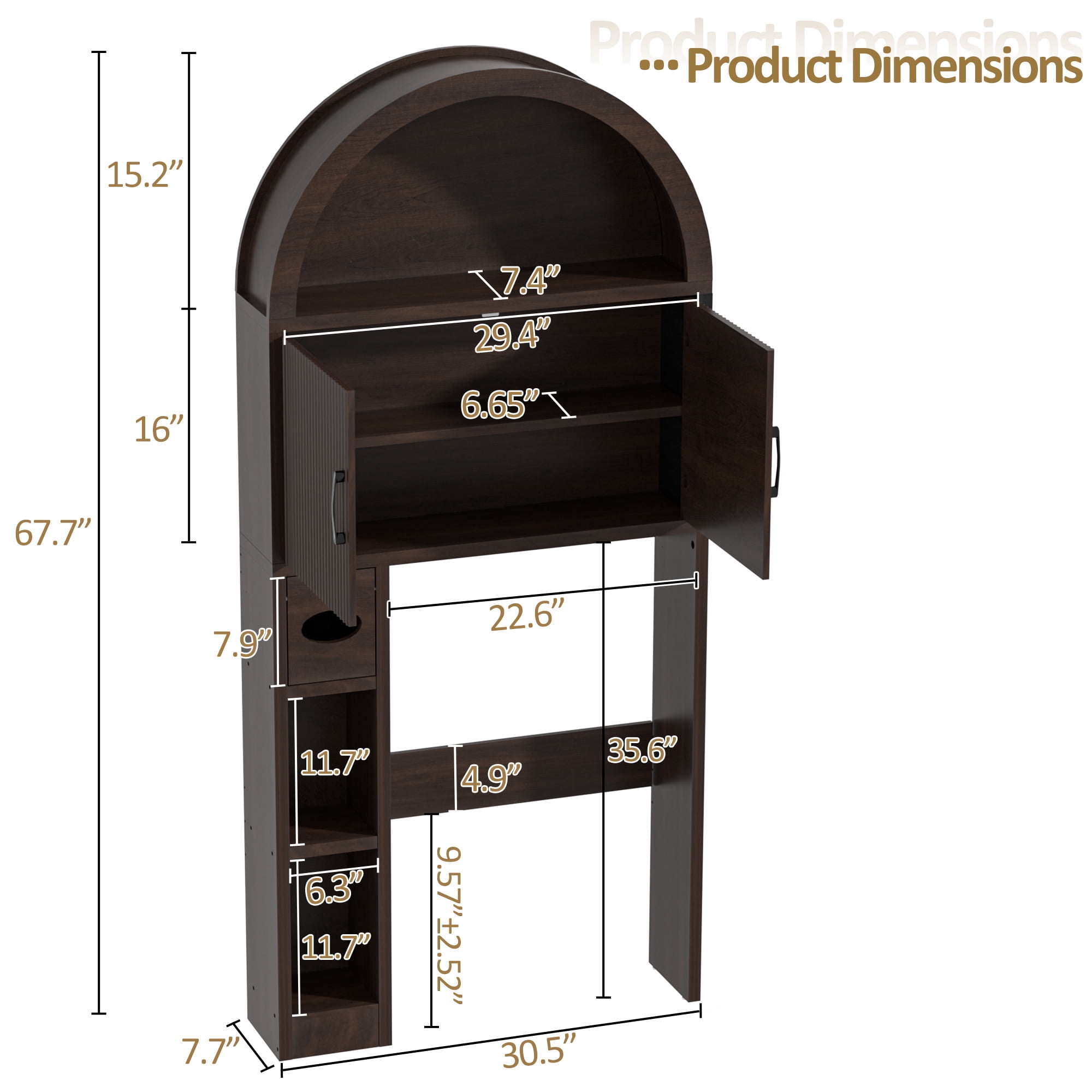 HARIPUL Over The Toilet Storage Cabinet w/ Unique Wood Grain & Arc Design, Freestanding Bathroom Shelf Organizer Space Saver w/ Doors & Anti-Tip Device, Coffee Color