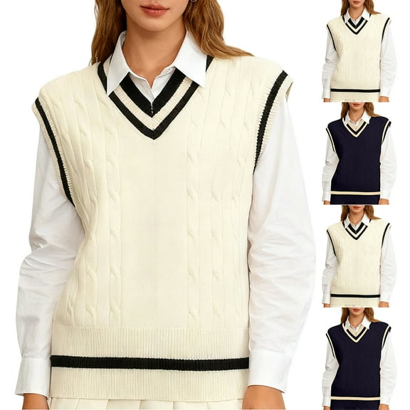 Women's Casual V-Neck Pullover Shirt Collision Color Sleeveless Sweater Vest for Fall Winter Preppy Looks,Beige,L