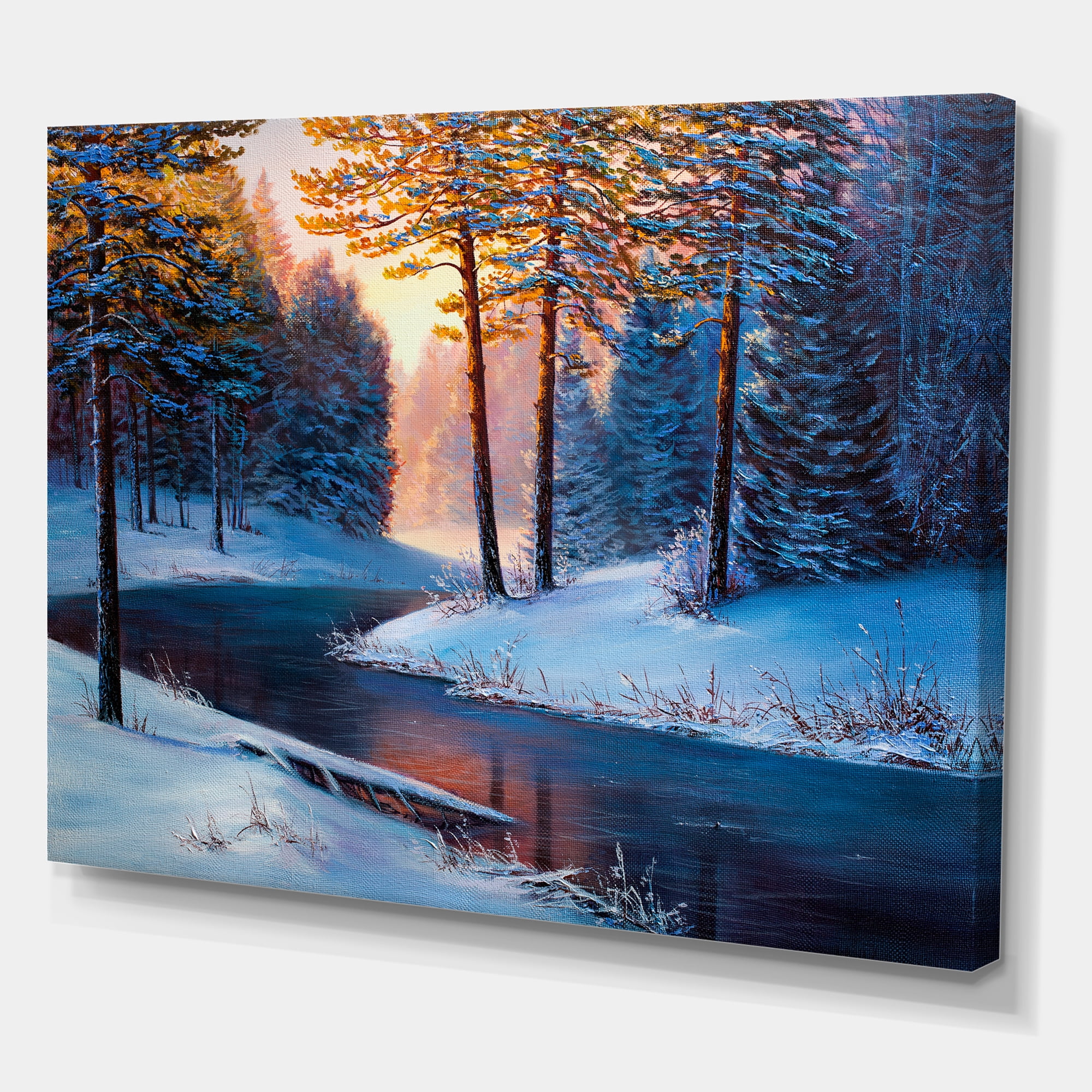 Designart ' Morning Glow Through The Christmas Forest By The River ' Lake House Canvas Wall Art Print