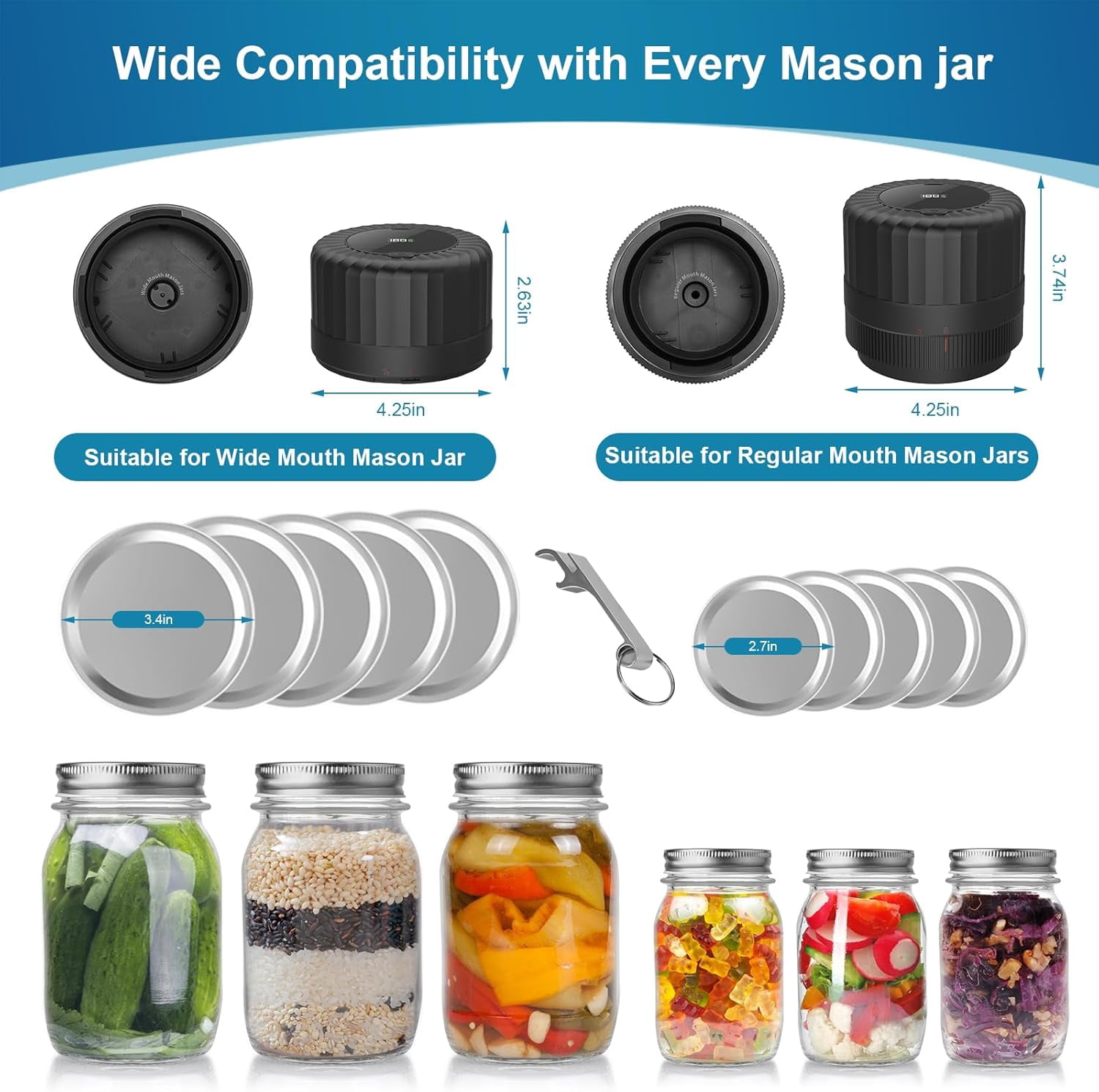 Electric Jar Vacuum Sealer Kit for Wide Mouth and Regular Mouth Mason Jars, Automatic Vacuum Sealer for Jar with Opener & 10 Lids