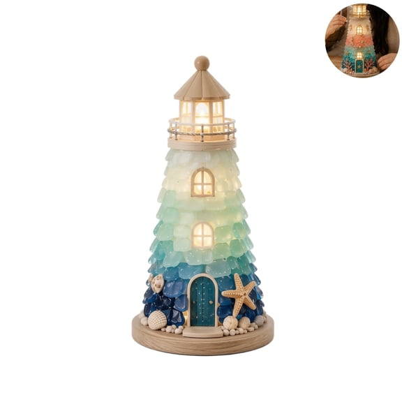 DIY Light‑Up Lighthouse Craft Kit, Coastal Sea Glass Lighthouse With LED Light, Ocean Themed DIY Art Decoration Set, Nautical Tabletop Ornament For Home Bedroom Shelf Decor