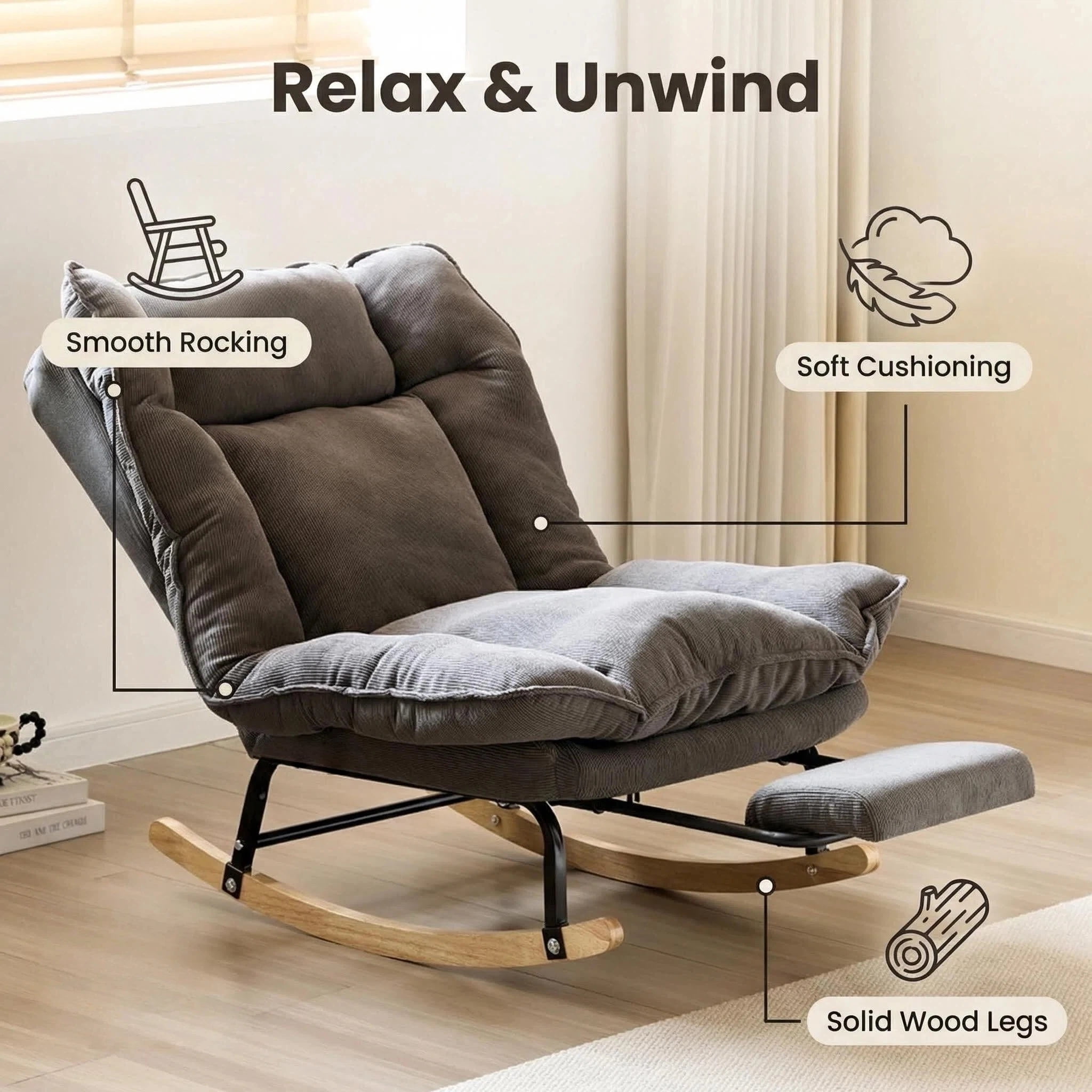Keerffo Nursery Rocking Chair with Footrest,Corduroy Upholstered Lazy Recliner Lounge Chair, Single Sofa for Living Room, Rubber Wood Legs
