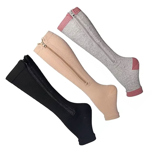Calcetines de compresión con cremallera, 3 pares de calcetines de compresión de nailon con compresión con cremallera Calcetines de compresión con punta abierta probados profesionalmente