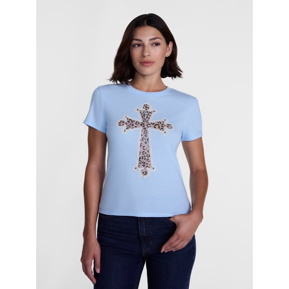 Women's Graphic Baby Tee, Leopard Cross, Sizes XXS-XXL