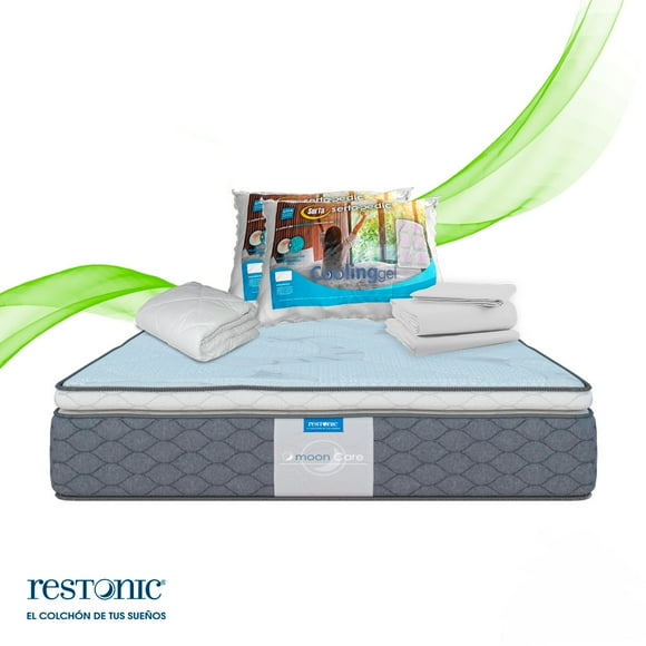 Colchón King Size Restonic + 2 Almohadas Memory Foam + Protector + Juego de Sabanas