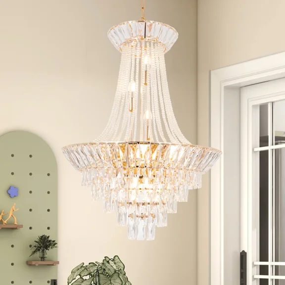 LUOLAX 24" Empire Gold Pendant Lamp Elegant Crystal Chandelier Hanging Ceiling Lights