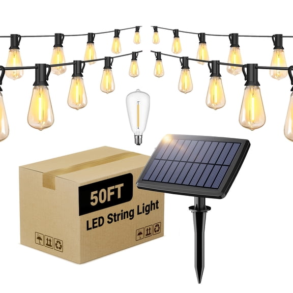 100ft Solar String Lights Outdoor with IP44, 2700K Soft Warm Patio Lights with 25 Shatterproof ST38 Tear-Drop LED Filament Bulbs, Dimmable Outside Edison Hanging Light for Backyard Deck Roof