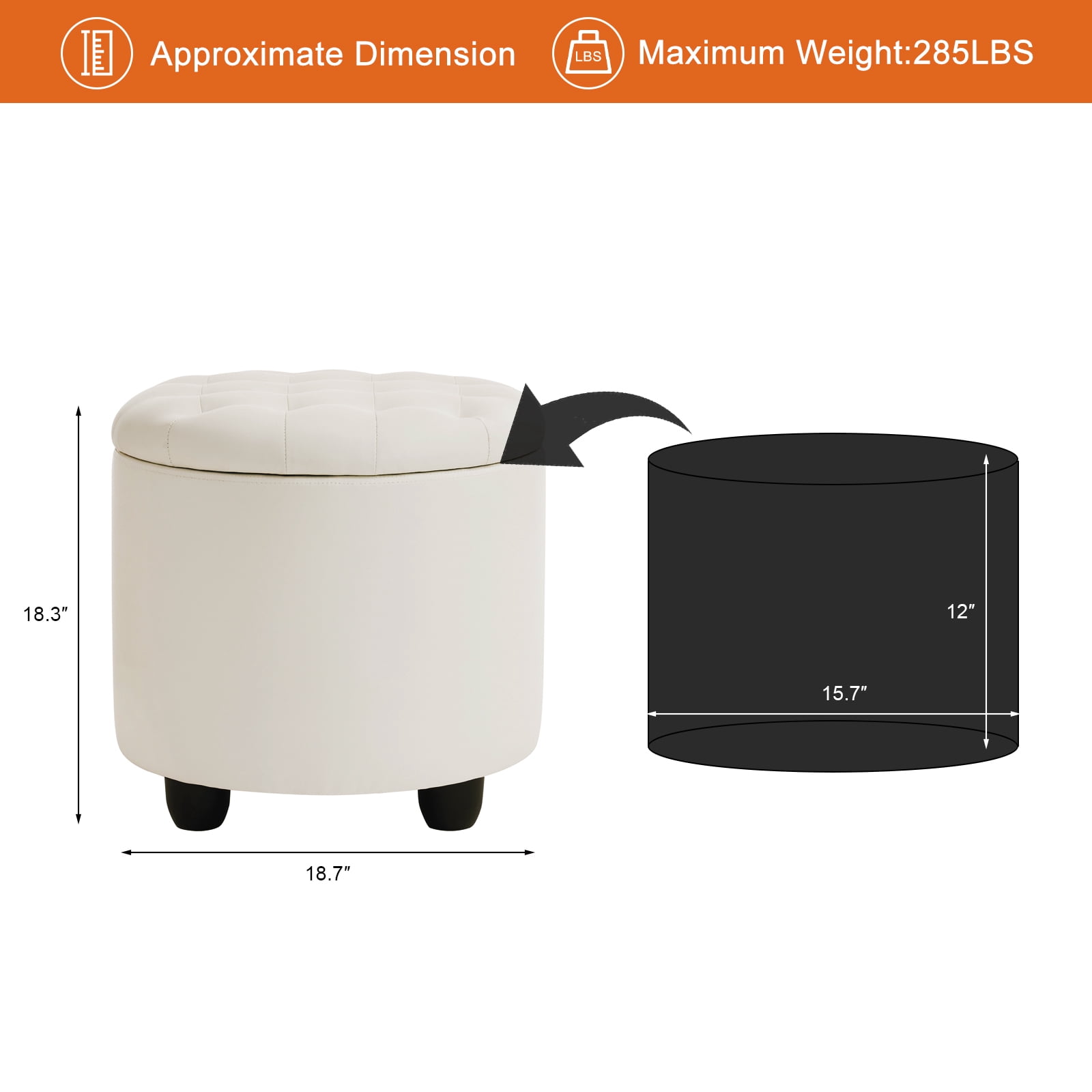 Furniliving Modern Round Storage Ottoman Tufted Footrest Stool Ottoman Bench for Living Room, Bedroom and Office, Faux PU-IvoryWhite