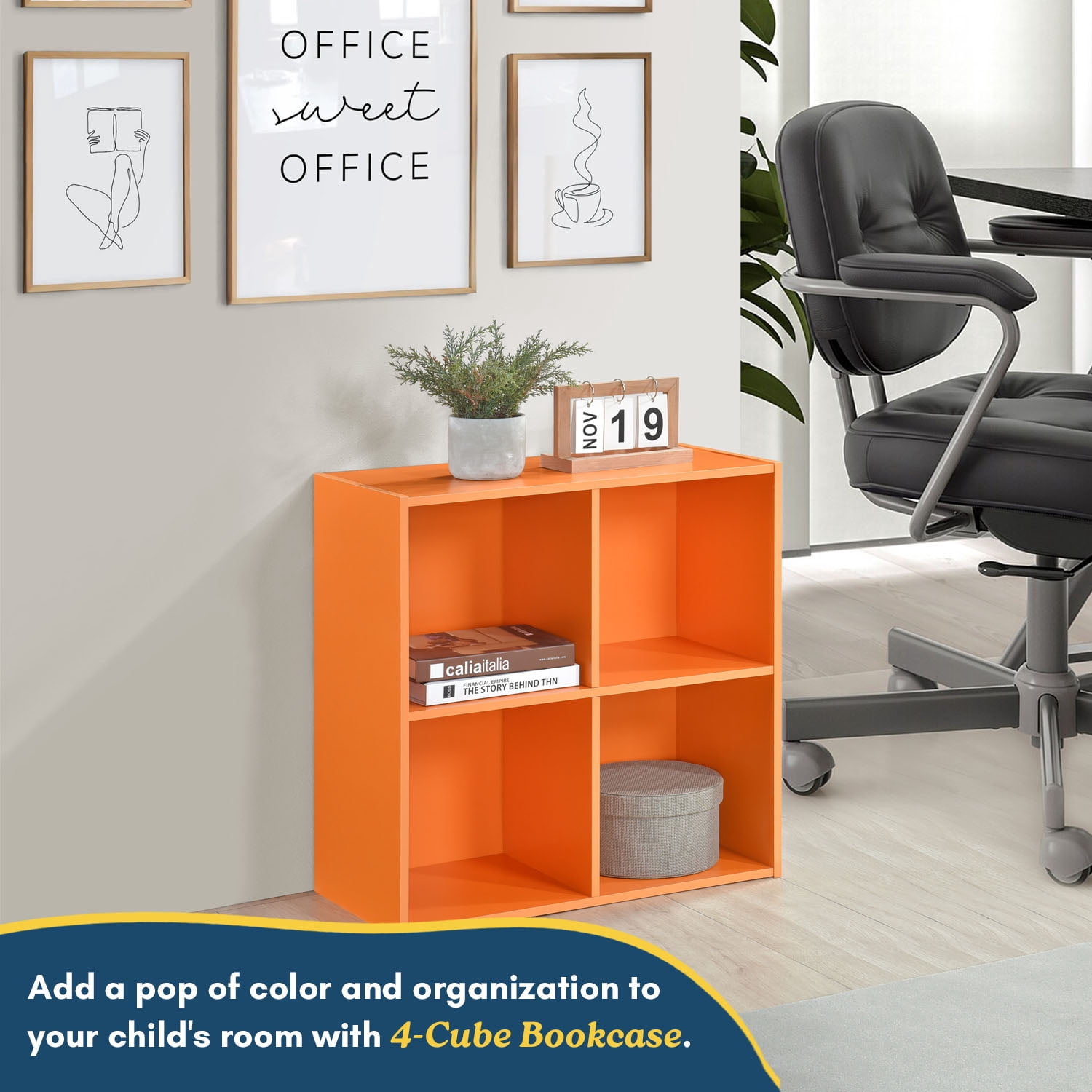 Kings Brand Furniture - 4 Cube Storage Organizer Book Shelf, Toy Storage Organizer for Playroom, Bedroom, Nursery School, Orange