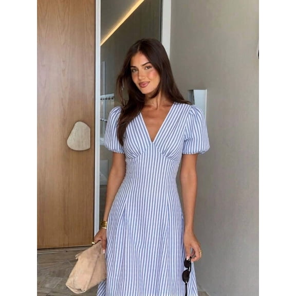 Women's Blue Striped V-Neck Puff Sleeve Midi Dress for Summer Casual, Beach, Vacation, Office & Going Out