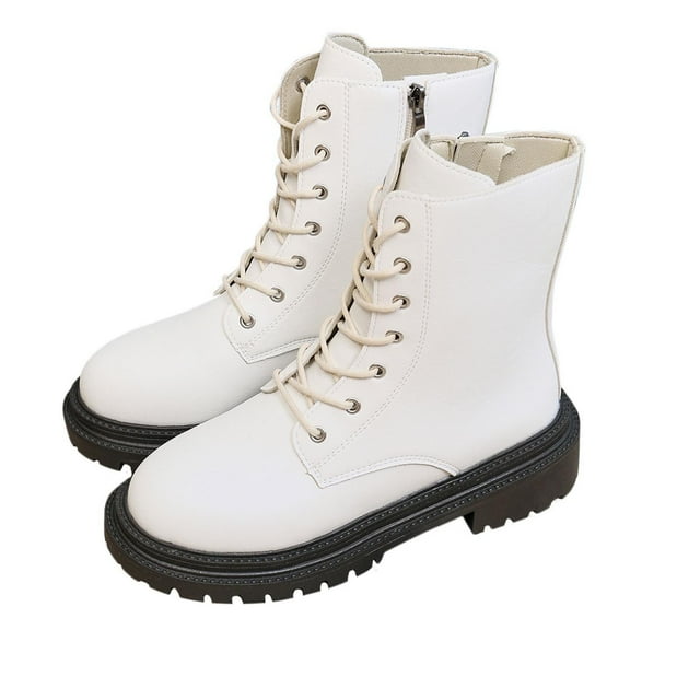 Bottines Blanches pour Femmes à Talon Bas, Laçage, Couleur Unie, pour Usage Quotidien en Hiver