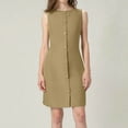 thumbnail image 4 of bbyeadc Women's Wear To Work Dresses Sleeveless Button Down Zipper Work Dress Women Soft Boat Neck Gorgeous Professional Short Dresses Summer Loose Fit Basic Clothing, Khaki S, 4 of 8
