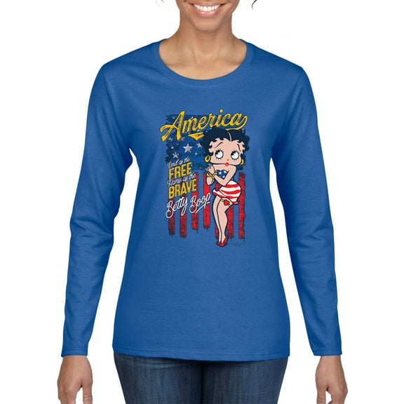 Wild Bobby Betty Boop America Land of the Free Home of the Brave Betty Boop Womens Long Sleeve T-Shirt, Royal, Medium