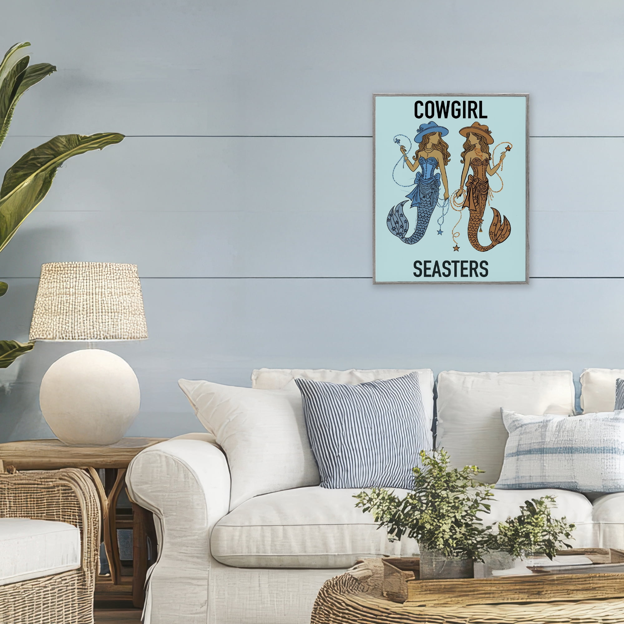 Cowgirl Seasters Mermaid Friendship Gray Framed Giclee Art, design by Amelia Noyes