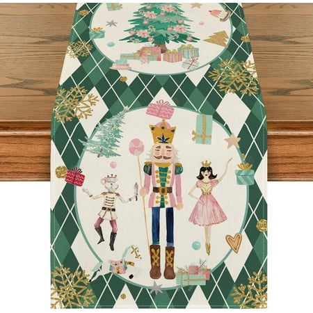 

Green Diamond Plaid Nutcracker Snowflake Christmas Table Runner Seasonal Winter Kitchen Dining Table Decoration for Home Party Decor