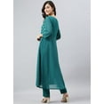 thumbnail image 3 of Janasya Indian Round Neck 3/4 Sleeve Foil Print Teal Green Poly Crepe Kurta With Pant For Women, 3 of 6