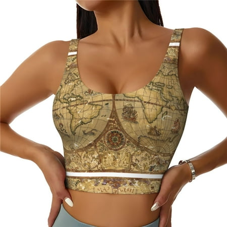 Jgfou World Map1 Print Womens Sports Bra - Padded Workout Sports Bras Crop Tank Top